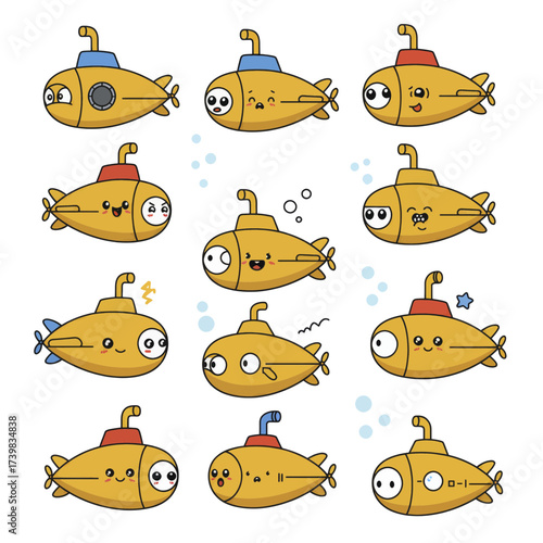 Set of cute yellow submarine characters with various kawaii emotions A collection of cartoon underwater vehicle emoticons.