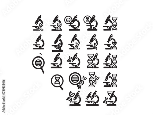 Microscope & DNA Research Icon Set  Black and White Science Vector Pack