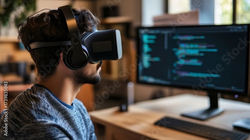 Exploring virtual reality programming home office digital experience tech environment close-up view innovation in coding