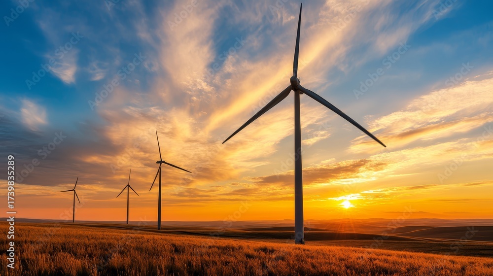 Obraz premium Harnessing renewable energy wind turbines at sunset scenic landscape nature photography vibrant skies serene atmosphere