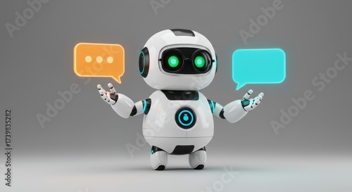Wallpaper Mural Futuristic white robot with glowing green eyes and blue accents, presenting two floating speech bubbles with varying colors, set against a neutral gray backdrop, symbolizing communication and... Torontodigital.ca