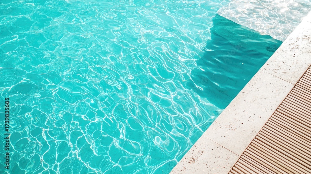Obraz premium Minimalist luxury swimming pool with turquoise water, sunlight reflections, and stone edge with wooden drain detail, perfect for summer resort, travel promotion, and relaxation design