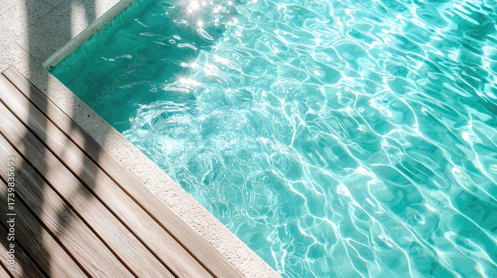 Obraz premium Minimalist luxury swimming pool with turquoise water and sunlight reflections beside stone and wooden deck, perfect for summer resort, travel design, and relaxation concepts