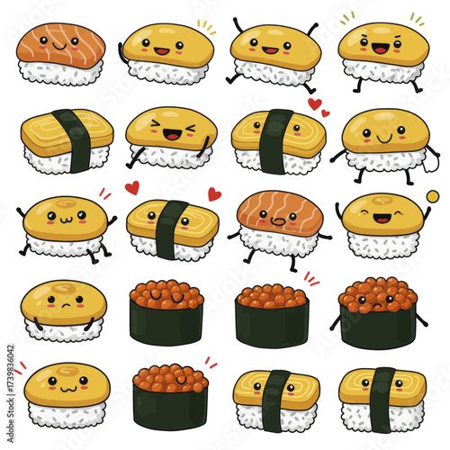 A delightful collection of cute kawaii sushi characters with various expressions featuring salmon tamago and ikura sushi.