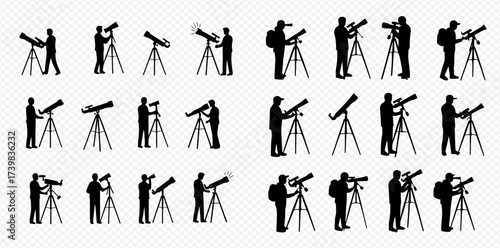 Collection of black silhouettes depicting individuals using and adjusting astronomical telescopes on tripods.