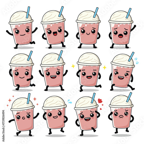 Set of cute strawberry milkshake cartoon character mascots with various expressions and poses.