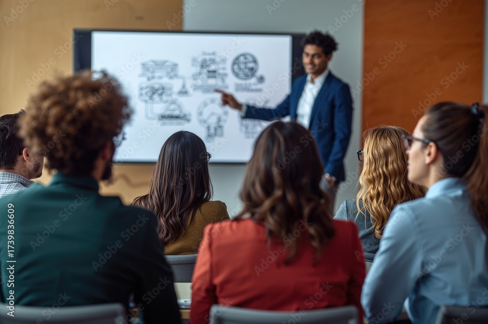Fototapeta premium Group of Young Office Employees in Casual Attire Attending Presentation by Business Leader Using Illustrations on Screen in Modern Conference Room