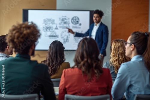 Wallpaper Mural Group of Young Office Employees in Casual Attire Attending Presentation by Business Leader Using Illustrations on Screen in Modern Conference Room Torontodigital.ca