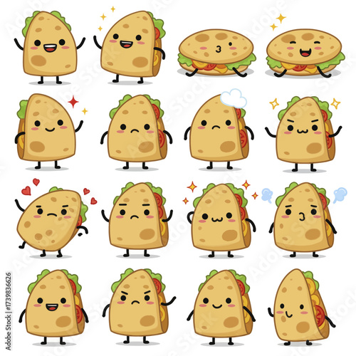 Adorable cartoon taco and pita characters with various emotions.