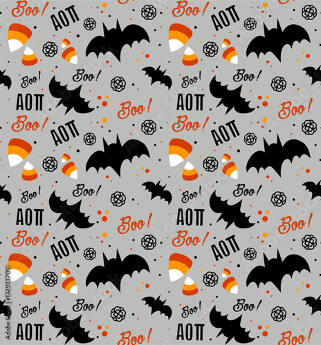 cute Halloween seamless pattern, abstract switch and ghost texture textile with alphabet design 