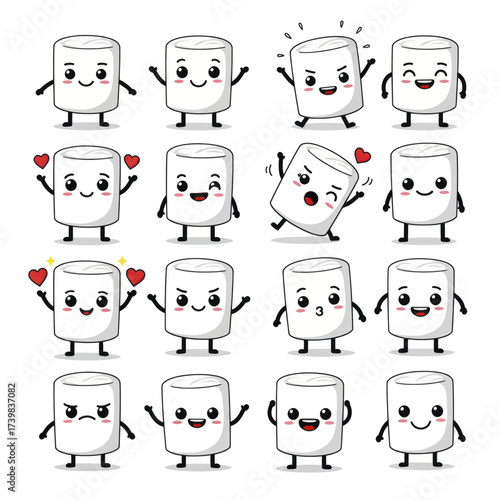 Cute marshmallow cartoon character mascot set with various expressions.