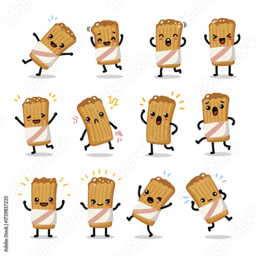 Set of cute churro cartoon character mascots with various expressions and poses.