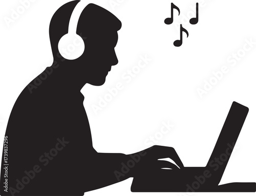Silhouette of a person wearing headphones and typing on a laptop with musical notes floating above indicating listening to music