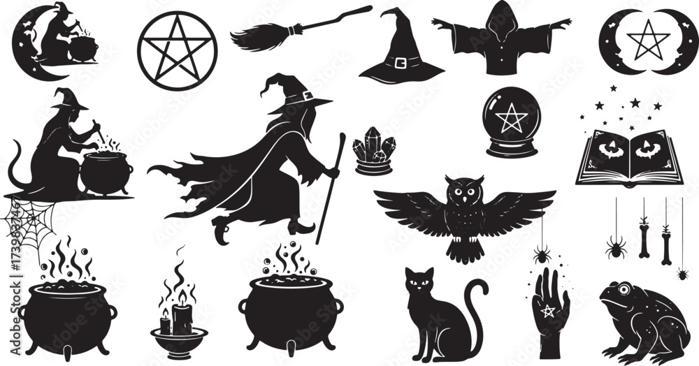 Naklejka premium Halloween Witchcraft and Magic Symbols Silhouette Collection Keywords: witch, cauldron, owl