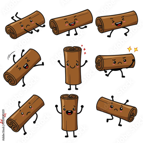 Set of cute kawaii cinnamon stick characters with various emotions.