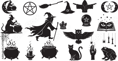 Halloween Witchcraft and Magic Symbols Silhouette Collection Keywords: witch, cauldron, owl