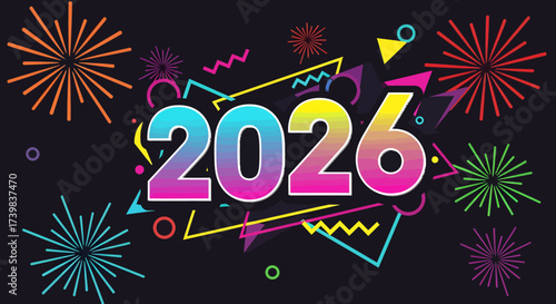 Colorful 2026 New Year celebration background with festive fireworks and abstract geometric shapes. Modern vector illustration for holiday greetings, banners, and posters