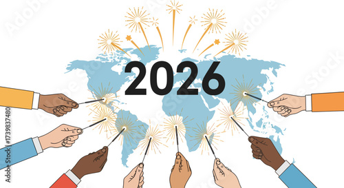 A global celebration for 2026, with multicultural hands uniting with sparklers over the world map. An illustration of hope, new beginnings, and international festivities