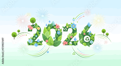 Creative 2026 text design decorated with lush green leaves, colorful flowers, and water drops, symbolizing a new year of environmental conservation and sustainability