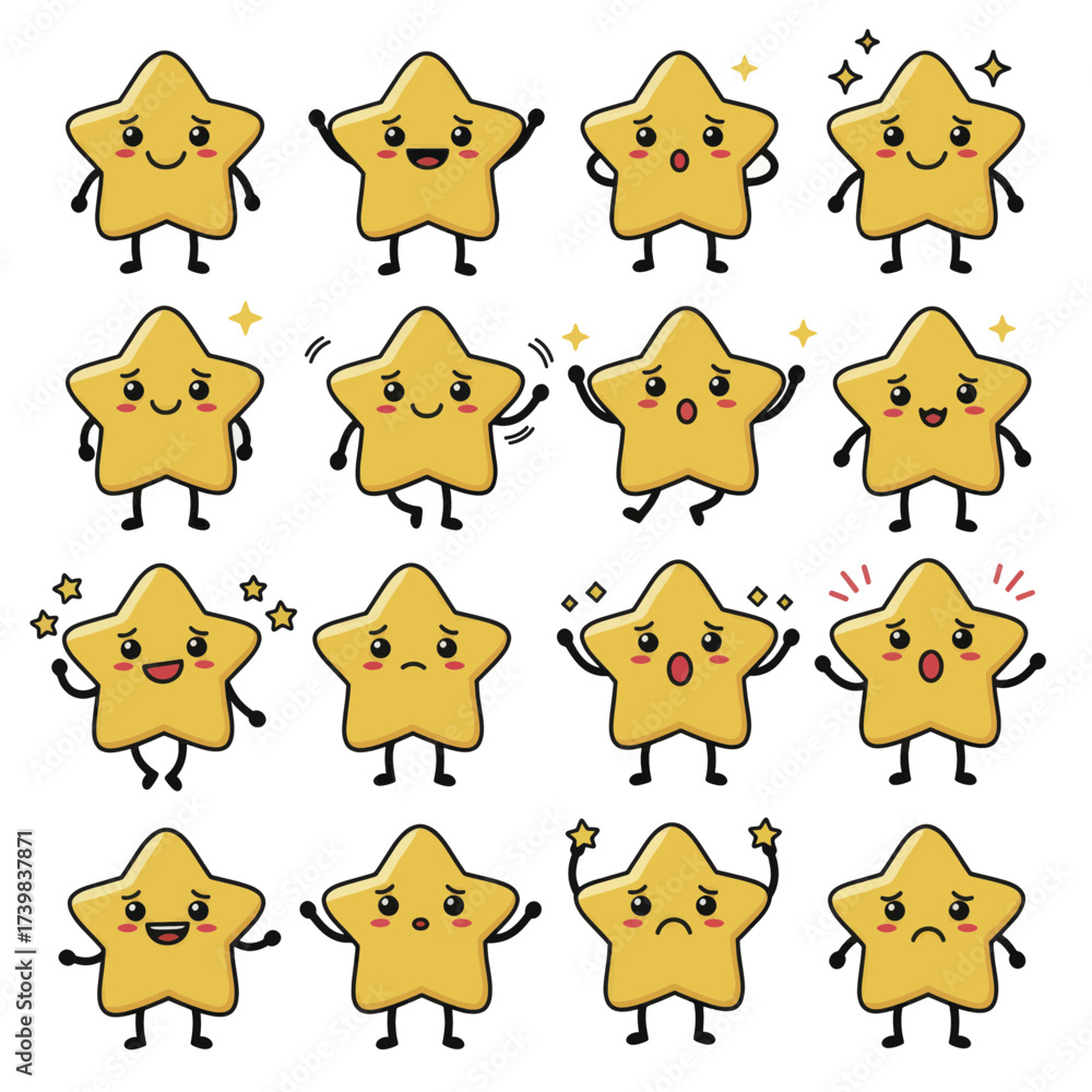 Fototapeta premium Set of cute kawaii star characters with various emotions and poses A collection of adorable yellow star mascots showing different expressions.