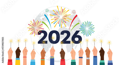 Celebrating New Year 2026 with diverse hands holding sparklers in a global event. Vector illustration with fireworks and world globe for a festive greeting