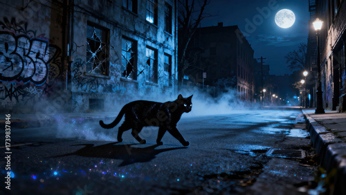 Black cat crosses empty, graffiti covered city street at night under bright full moon, with mist and streetlights creating mysterious, eerie atmosphere