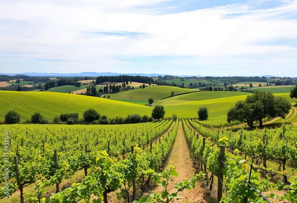 Fototapeta premium Tuscan vineyard panorama from a winery overlook, discovery, wine tasting