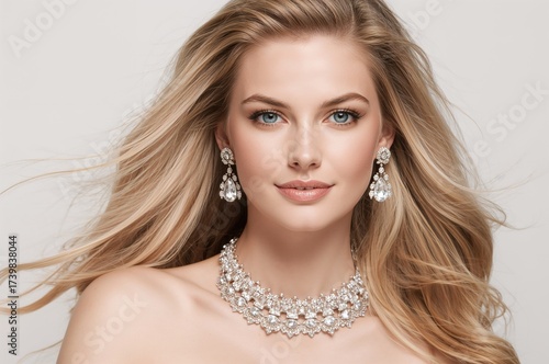 Studio portrait of a beautiful blonde model with long hair wearing elegant large earrings and a detailed necklace against a neutral background