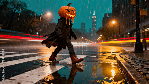 Person with pumpkin head costume crossing rainy city street at night, with reflections on wet pavement, city lights, and tall buildings in background, creating spooky and atmospheric scene