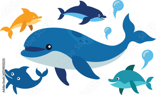 Vector illustration of whales dolphins and crabs underwater scene scalable eps