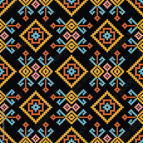 Thai Art Pattern Vector with Blue, Yellow, and Orange Ornamental Elements on Black Background – Seamless Traditional Decorative Motif for Fabric, Textile, Wallpaper, Luxury Background, Cultural Design