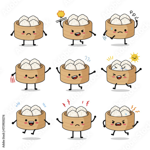 Set of Cute Steamed Bun Dim Sum Character Poses and Emotions.