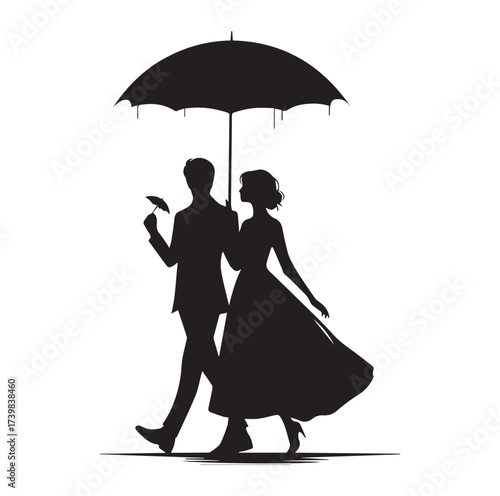 A Romantic couple holding umbrella silhouette and Vector
