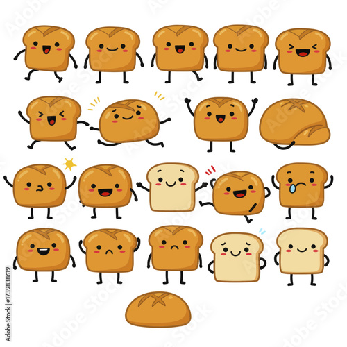 Collection of cute kawaii bread and toast characters with various expressions.