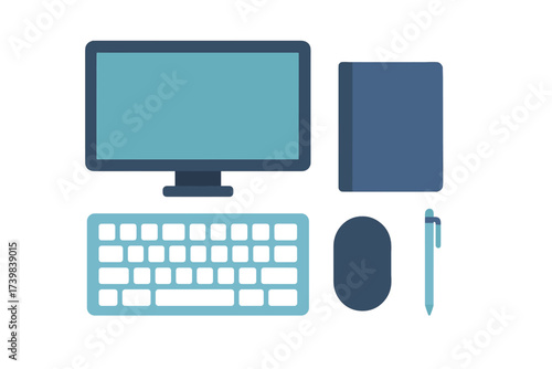 Essential desktop workspace items including computer screen keyboard mouse notebook and pen