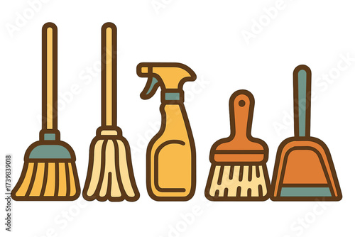 Essential household cleaning supplies including brooms, spray bottle, brush, and dustpan