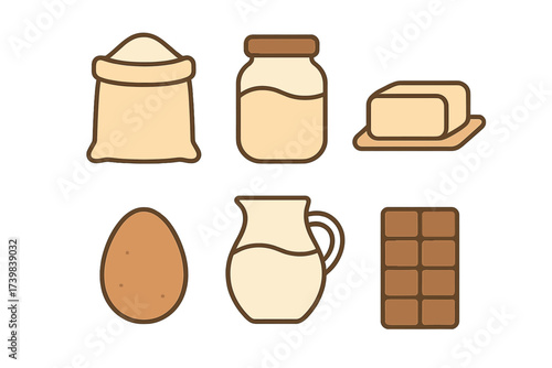 Essential cooking and baking ingredients including flour, milk, butter, egg, and chocolate