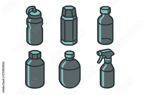 Isometric icons set of plastic and metal containers for beverages and cleaning products