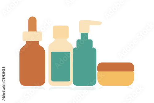 Minimalist set of cosmetic packaging containers including dropper bottle pump dispenser and cream jar