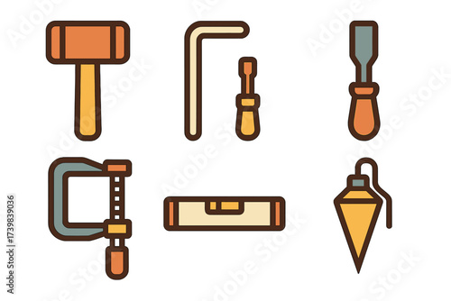 Essential set of woodworking and construction instruments including hammer clamp level and chisel