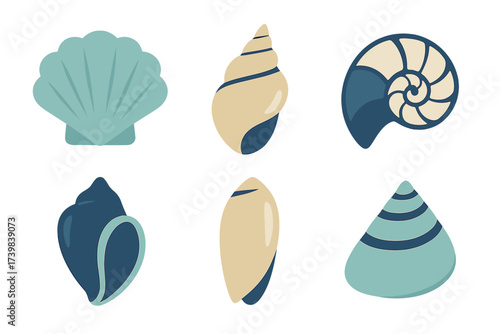 Assortment of decorative marine seashells and spiral snail shells in flat design style