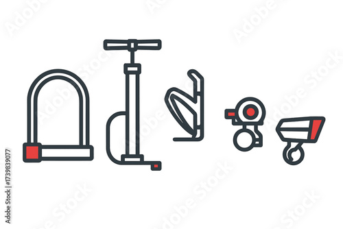 Essential bicycle accessories including security U-lock, tire pump, bottle cage, bell, and safety light