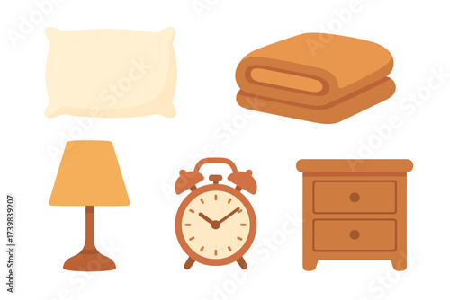 Essential bedroom items collection including pillow, blanket, lamp, clock, and nightstand