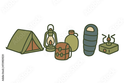 Essential outdoor adventure equipment set with tent sleeping bag lantern stove and backpack