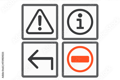 Set of universal safety and informational symbols: caution, information, directional arrow, and restricted access signs