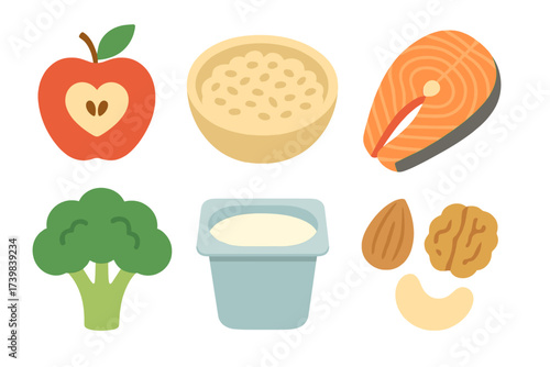 Essential healthy food groups: fruit, vegetable, protein, grain, dairy, and nuts for a balanced diet