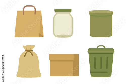 Collection of reusable and recyclable containers: paper bag, glass jar, cardboard box, and trash bin for waste sorting