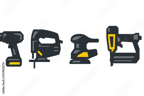 Lineup of essential construction power tools including drill, jigsaw, sander, and nailer silhouettes