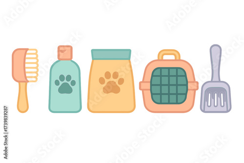 Essential pet care supplies including grooming brush shampoo food carrier and litter scoop