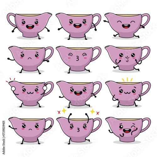 Set of cute kawaii gravy boat cartoon character mascots with different expressions.